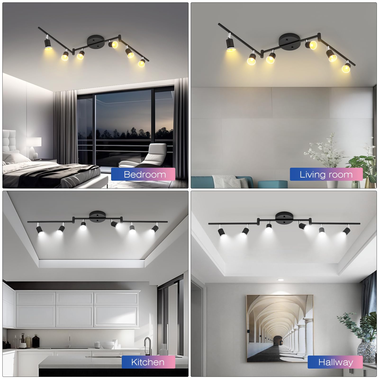 6-Light LED Track Lighting Kit, Ceiling Spotlight with Flexibly Rotatable Light Head, Modern Track Lighting fixtures for Kitchen, Bedroom, Living Room (GU10, Bulbs Not Included)