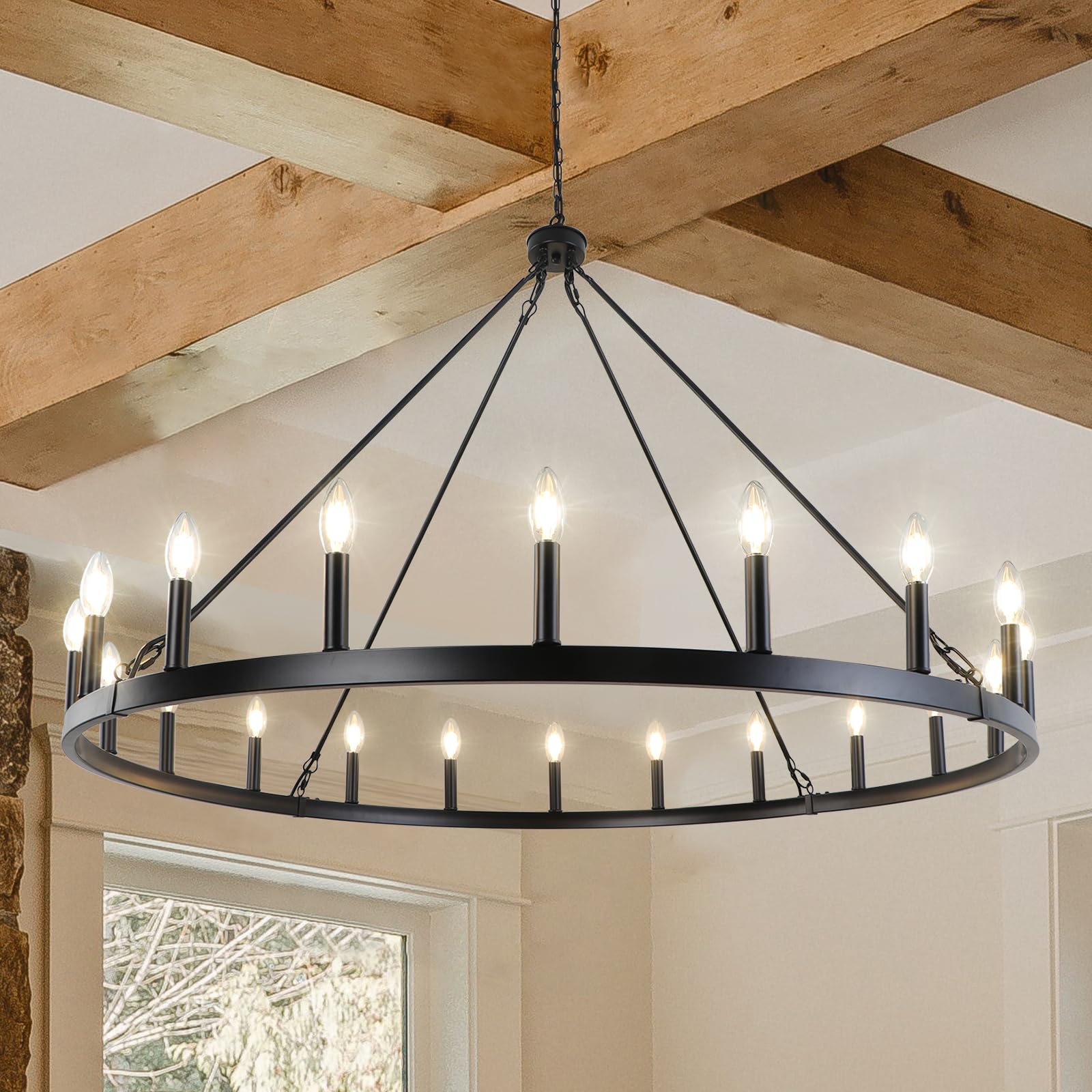 Wheel Chandelier Diam 47 inch, 20-Light Large Black Farmhouse Chandelier Rustic Round Hanging Light Fixture, Industrial Country Ceiling Light for Living Room Foyer Entryway