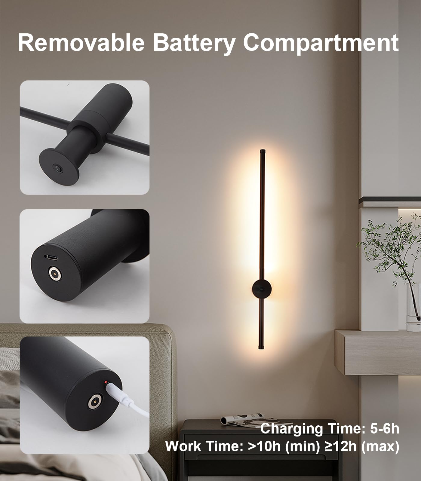 Battery Operated Wall Sconce Set of Two, USB Rechargeable LED Wall Lights with Remote Control, Dimmable Cordless Wall Lamp Indoor, 360° Rotation Reading Lamp for Living Room, Bedroom, Black - 23.62in