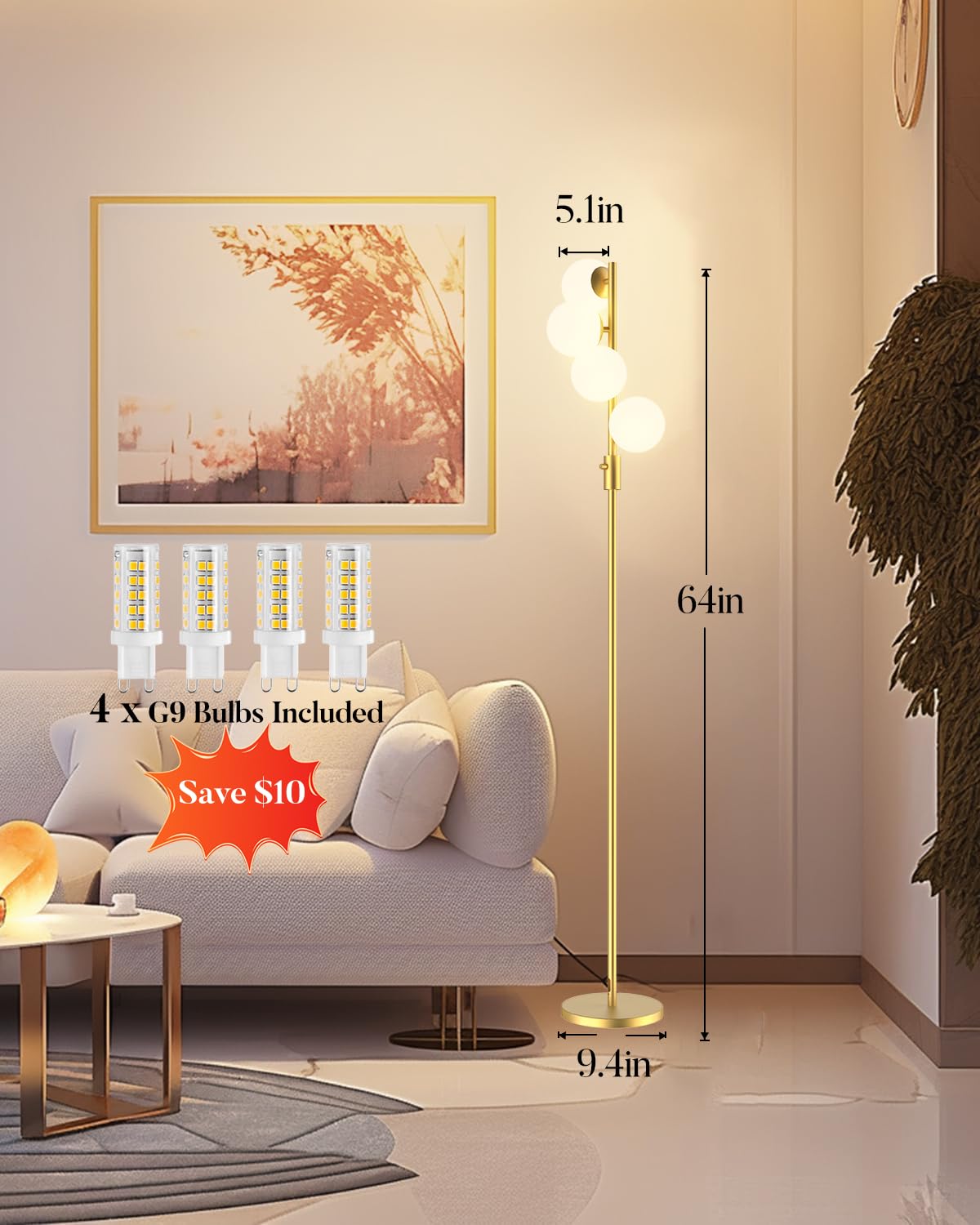 Dimmable Globe Floor Lamp, Gold Standing Lamps with 4PCS 3000K G9 Bulbs Soft Warm White Eye Care, Mid Century Modern Floor Lamp for Living Room