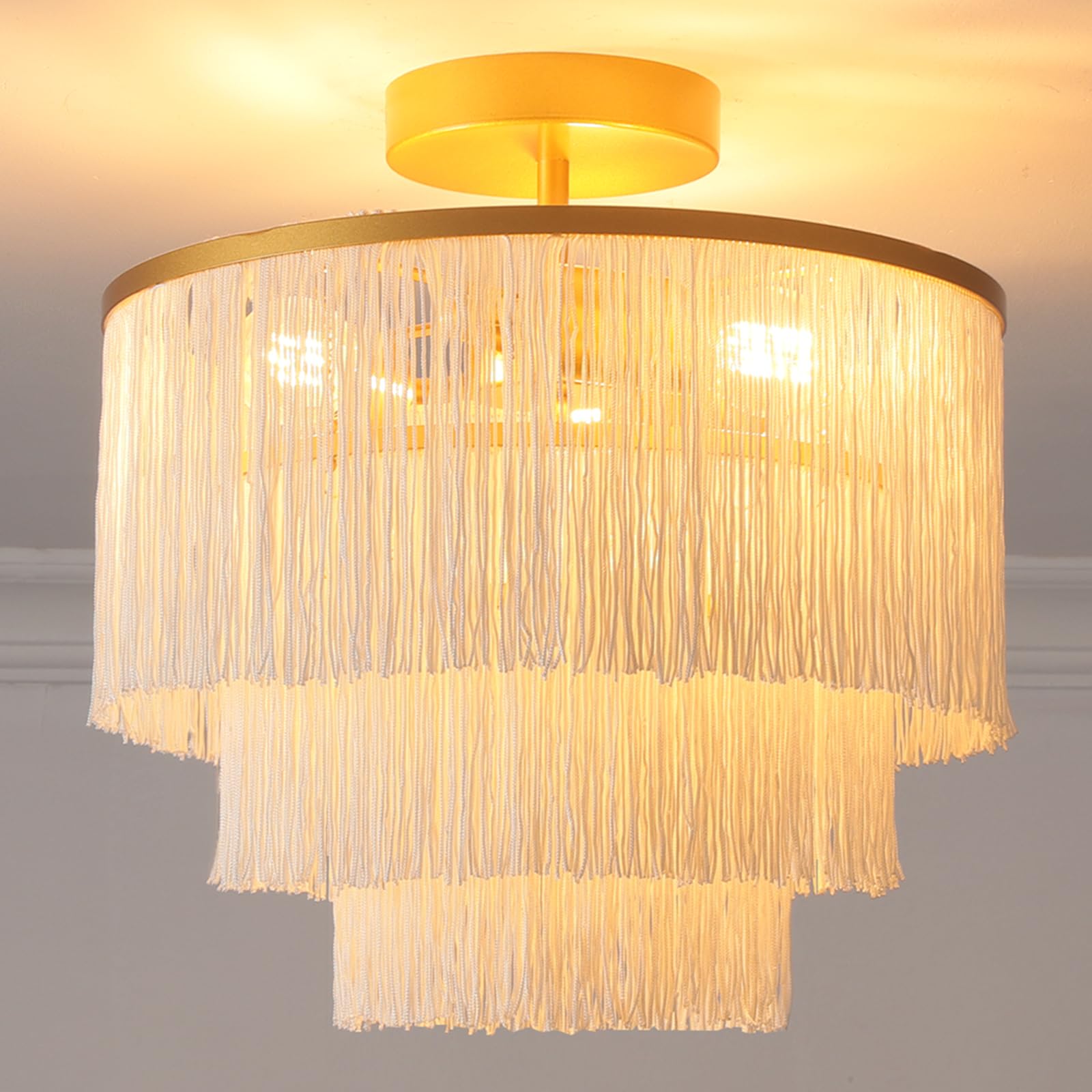 3-Light Semi Flush Mount Ceiling Light,Gold Boho Light Fixture,3-Tiererd Fringe Light for Bedroom,Nursery,Laundry Room.