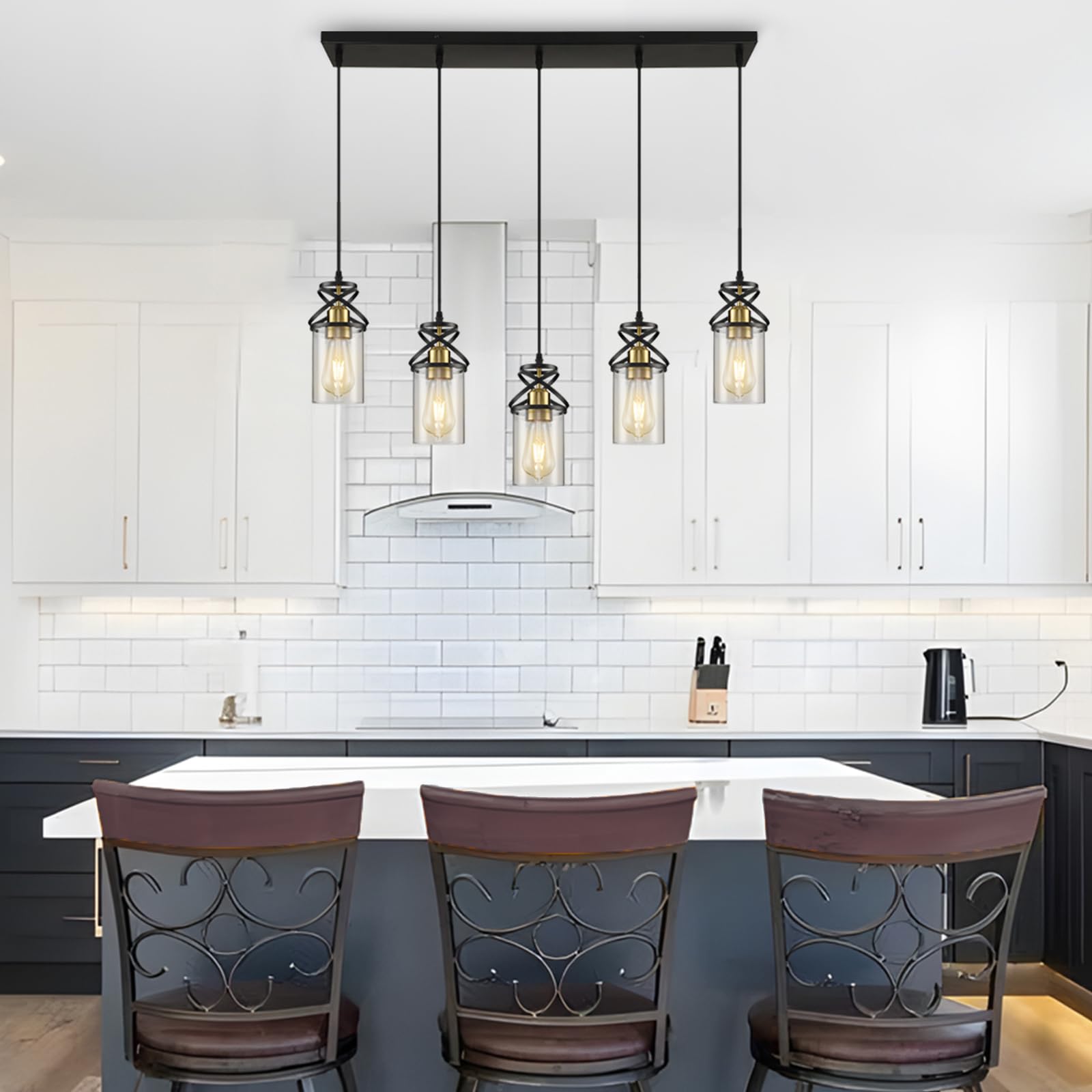 Modern Pendant Light Fixture Farmhouse Hanging Light with Clear Glass Shade, Industrial Black and Gold Pendant Lighting for Kitchen Island Dining Room Bedroom