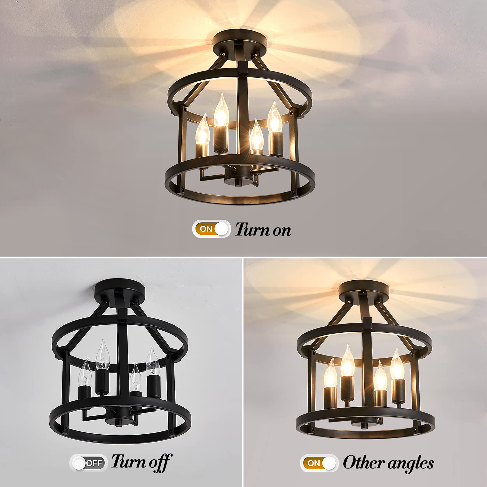 Metal Semi Flush Mount Ceiling Light Fixture 4 Candle Holder Matte Chandelier Farmhouse Ceiling Lamp for Dining Room Bedroom Kitchen Hallway Entryway（Black）