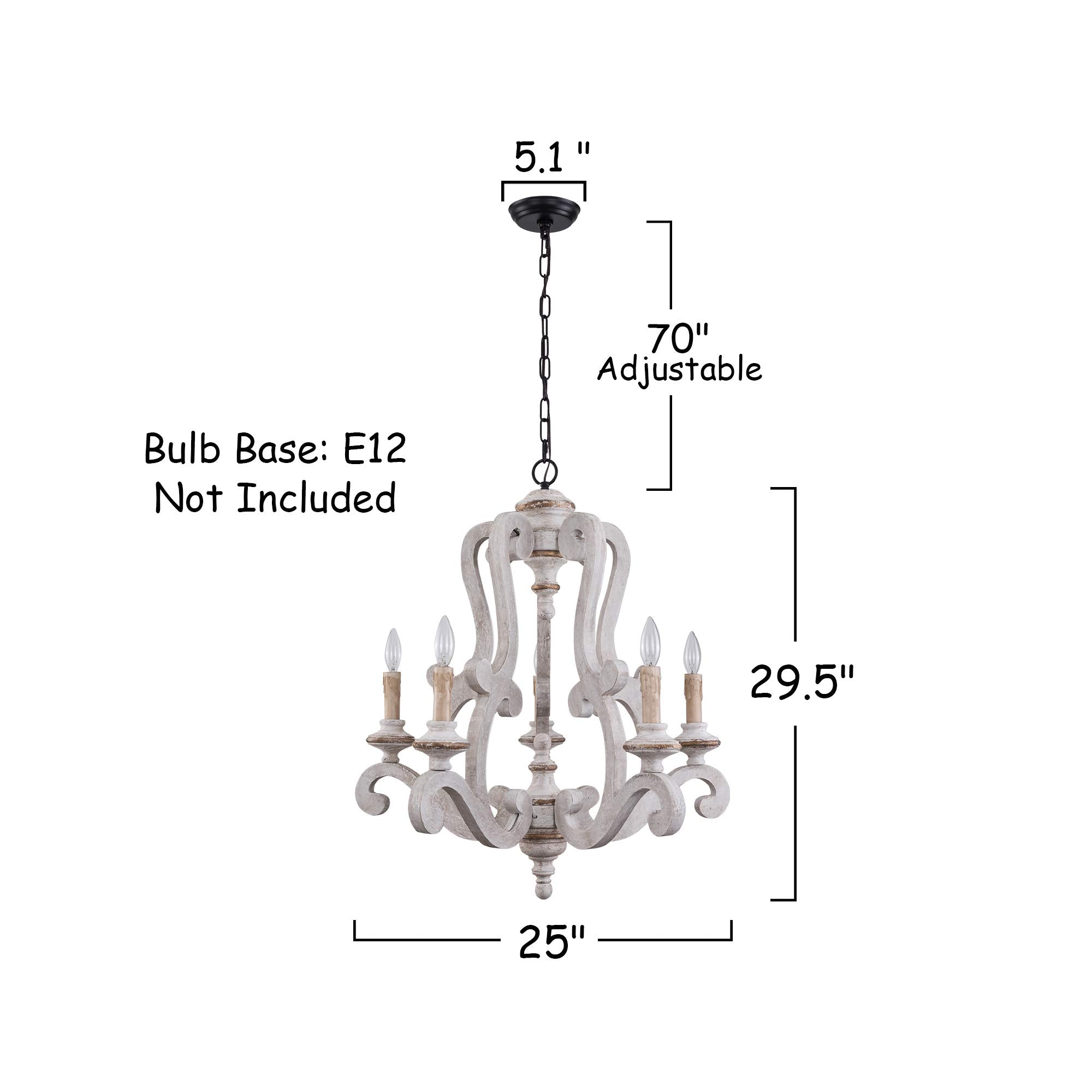 Cottage Wooden Chandelier, 6 Candle Light Farmhouse Chandelier, French Country Chandeleir with Adjustable Chain for Dining Room, Kitchen,Bedroom, Foyer and Entryway