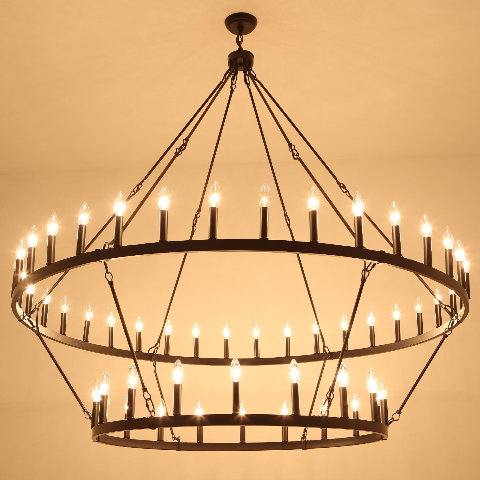 White Wagon Wheel Chandelier 38 Inch, 12-Light Farmhouse Wagon Wheel Chandeliers for Dining Room Light Fixture Round Large White Chandeliers for High Ceilings Living Room Kitchen Entryway