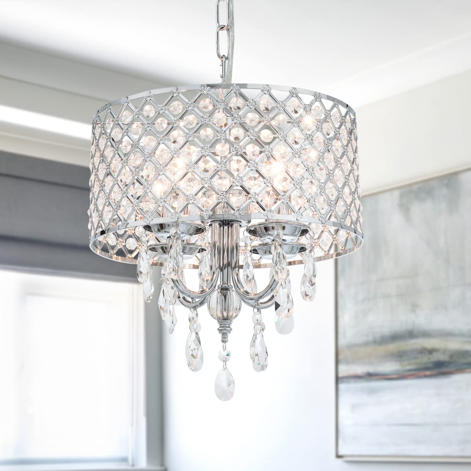 Rustic Crystal Chandelier French Pendant Light Drum Shade Chrome Finishing for Bedroom, Kitchen Island, Girl Room, Dining Room, Staircase 4-Light