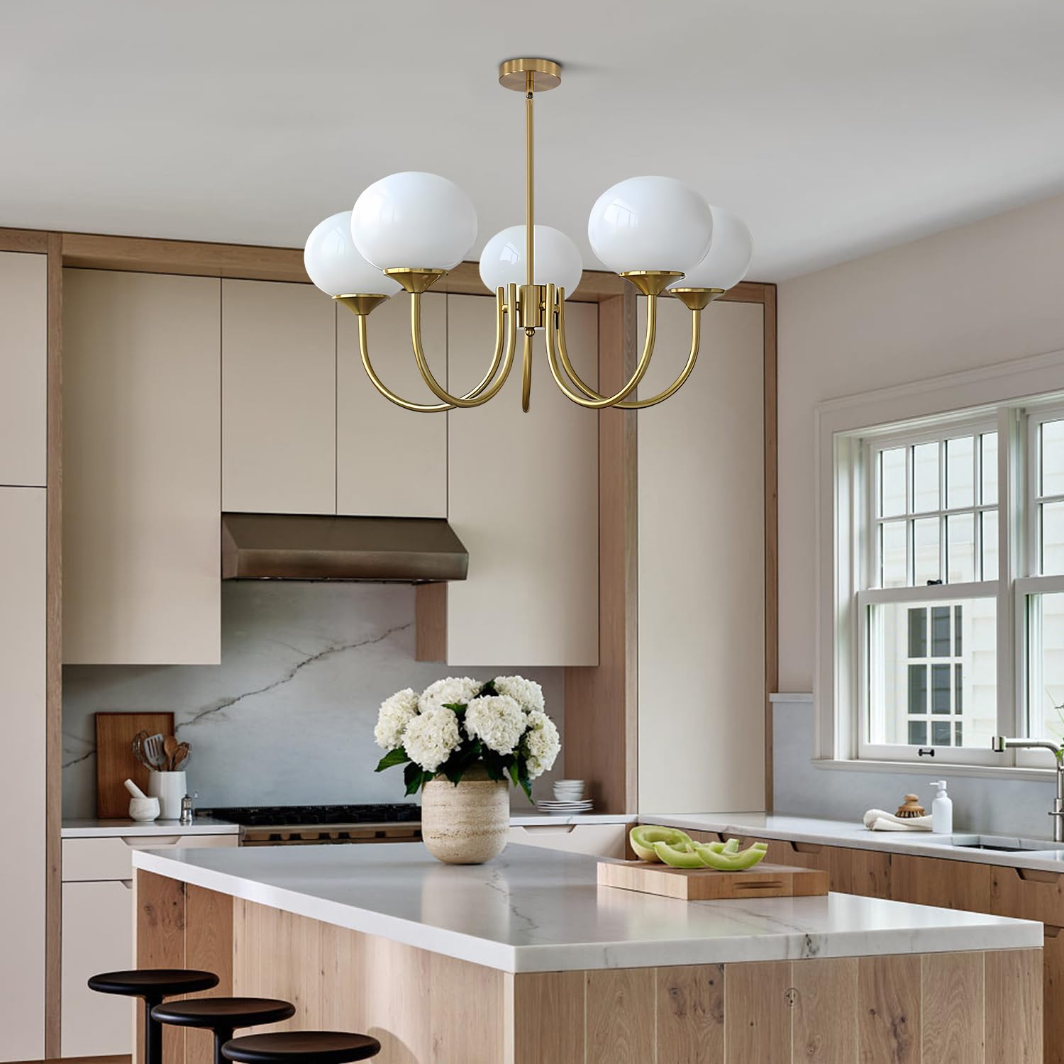 5-Light Modern Globe Sputnik Chandelier Mid Century Large Glass Gold Sputnik Pendant Lights Kitchen Island Vintage Milk Glass Dining Room Chandelier Brushed Brass Hanging Light Fixture