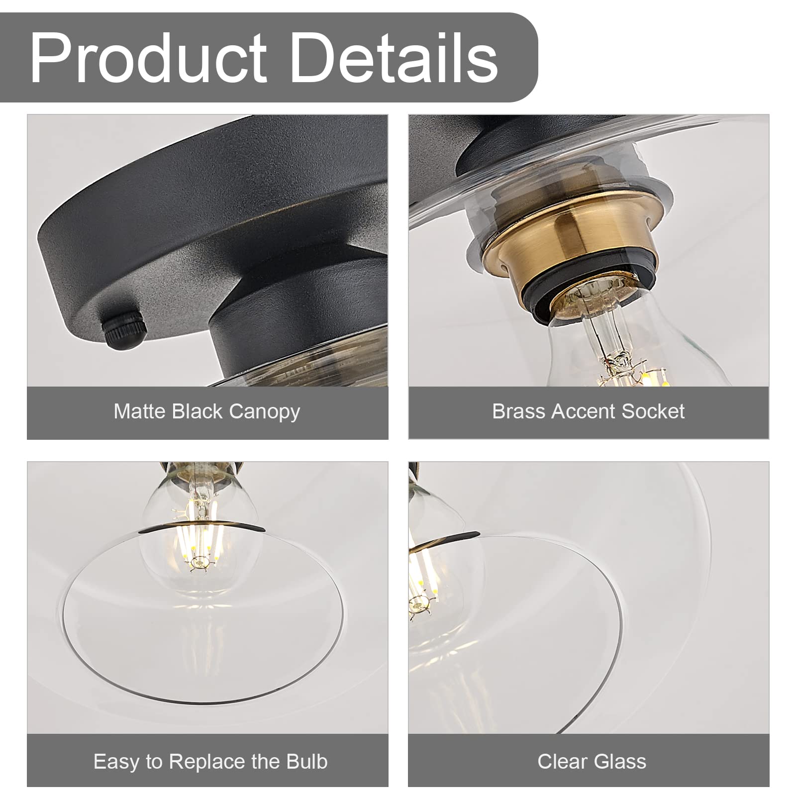 Semi Flush Mount Ceiling Light, 8.66" Clear Glass Shade, Brass Accent Socket, Modern Ceiling Light Fixture with Black Finish for Kitchen, Hallway, Entryway, Dining Room, Cafe, Bar