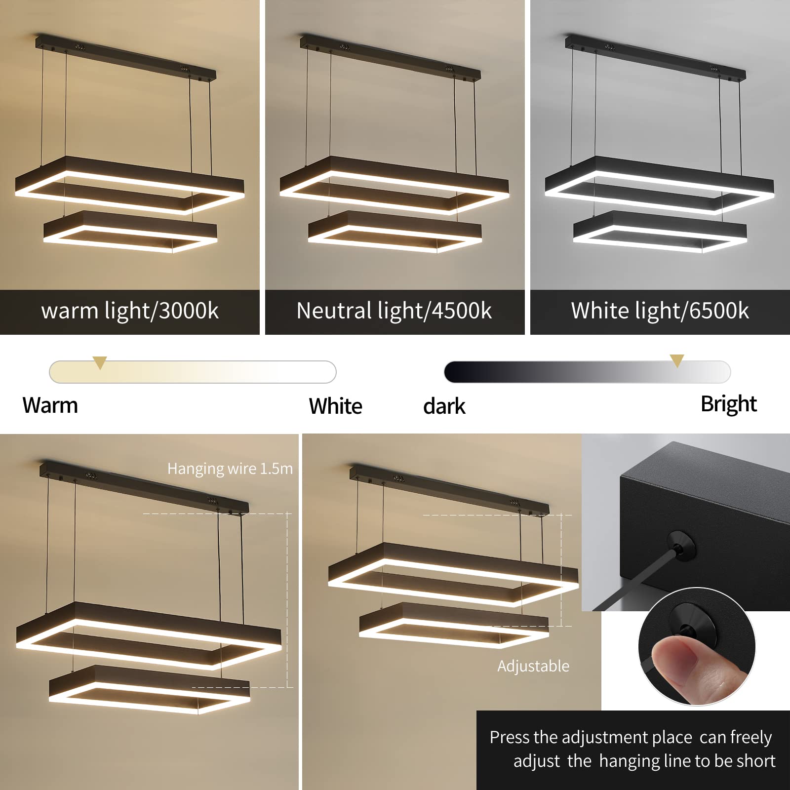 Modern LED Chandelier, Double Rectangles Ceiling Pendant Lights, LED Island Lights Dimmable Chandeliers for Dining Room Living Room Bedrooms, Black (40CM/60CM)