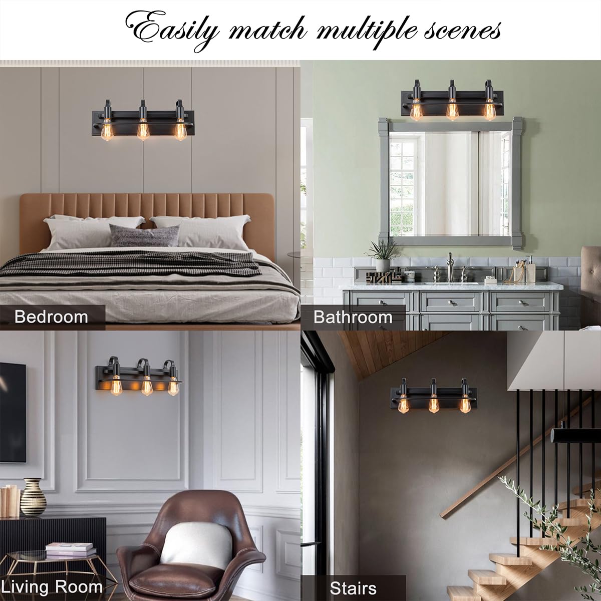 Industrial Vanity Light Fixture, 3-Light Matte Black Farmhouse Bathroom Wall Sconce Lighting