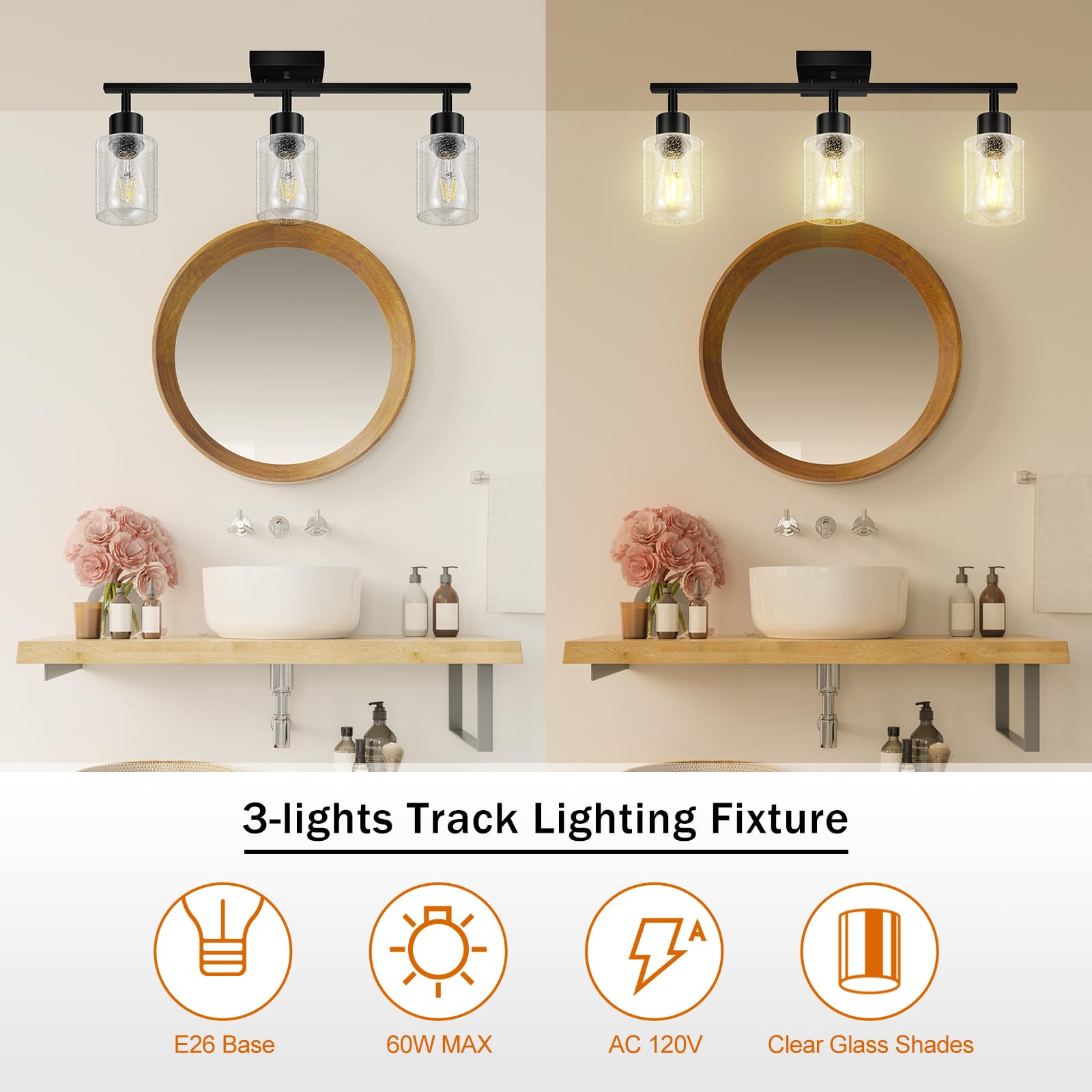 LED 4 Light Track Lighting Kit, 4 Way Ceiling Spot Lighting with Glass Lampshade, Flexibly Rotatable Light Head for Kitchen, Living Room, Bedroom, Bulb Not Included