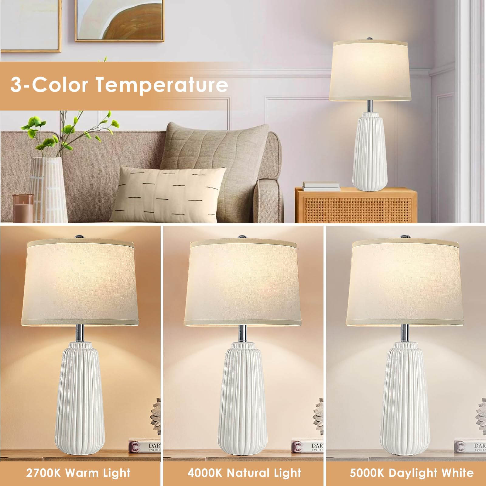 Ceramic Table Lamps Set of 2, 25Inch Modern White Table Lamps for Bedroom Living Room with 3 Color Temperature - 3000K/4000K/6000K, Coastal Lamps for Nightstand Bedside with 2 LED Bulbs, 9W