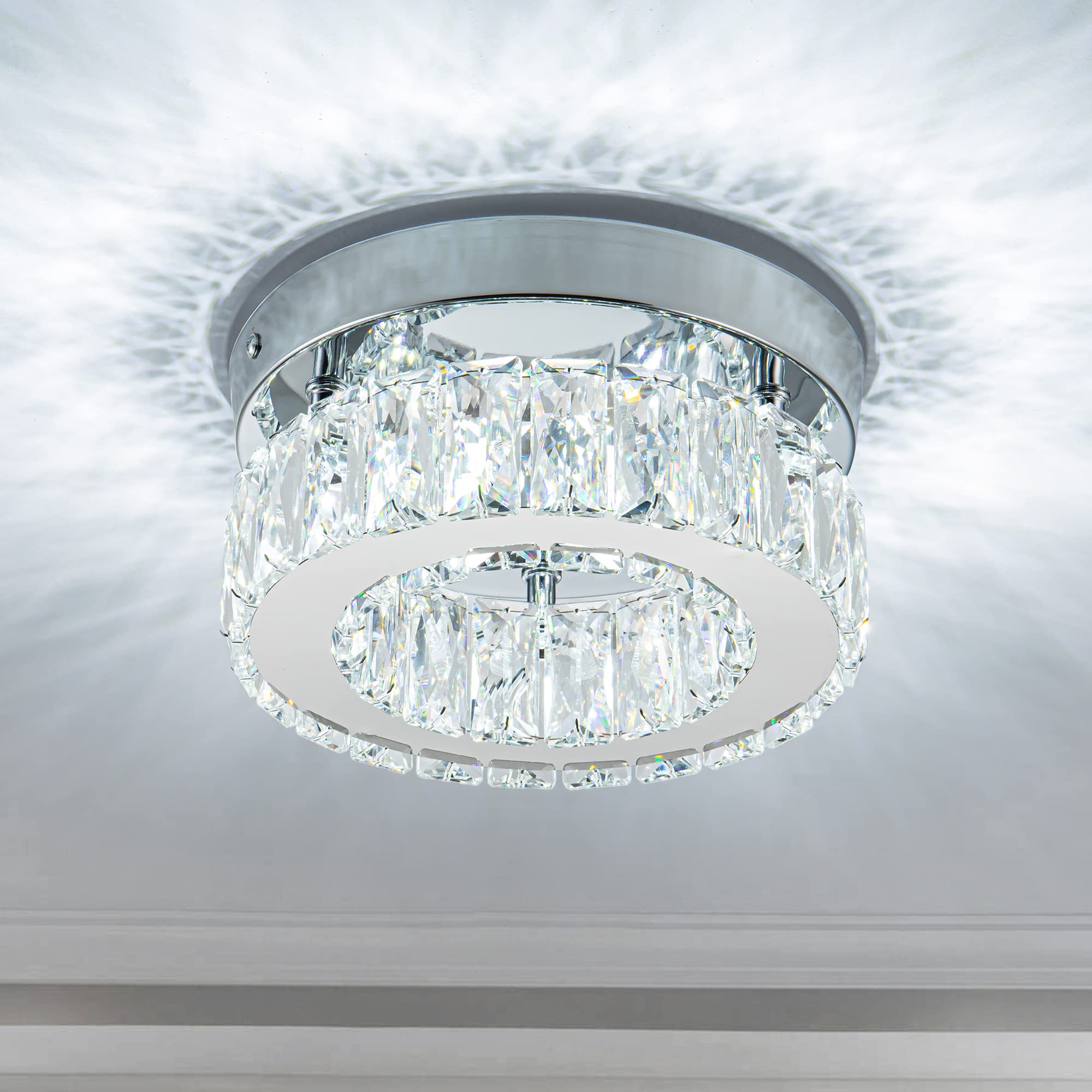 Mini Modern Crystal Chandeliers Flush Mount Ceiling Light Fixture LED Mini Chandeliers with Crystals Hallway Light Bedroom Chandelier for Bathroom Kitchen Office