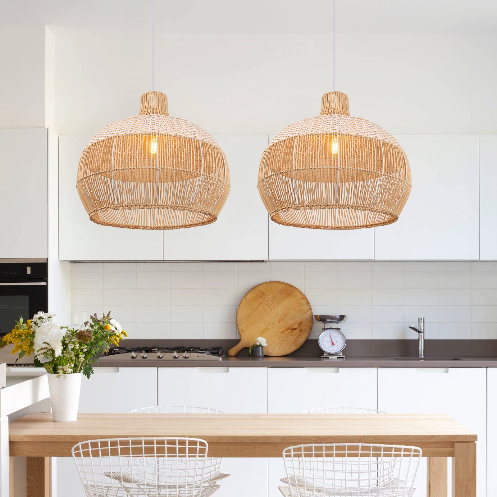 White Rattan Pendant Lights, Farmhouse Coastal Wicker Hanging Ceiling Lighting Chandelier, Handmade Woven Lampshade for Kitchen Island