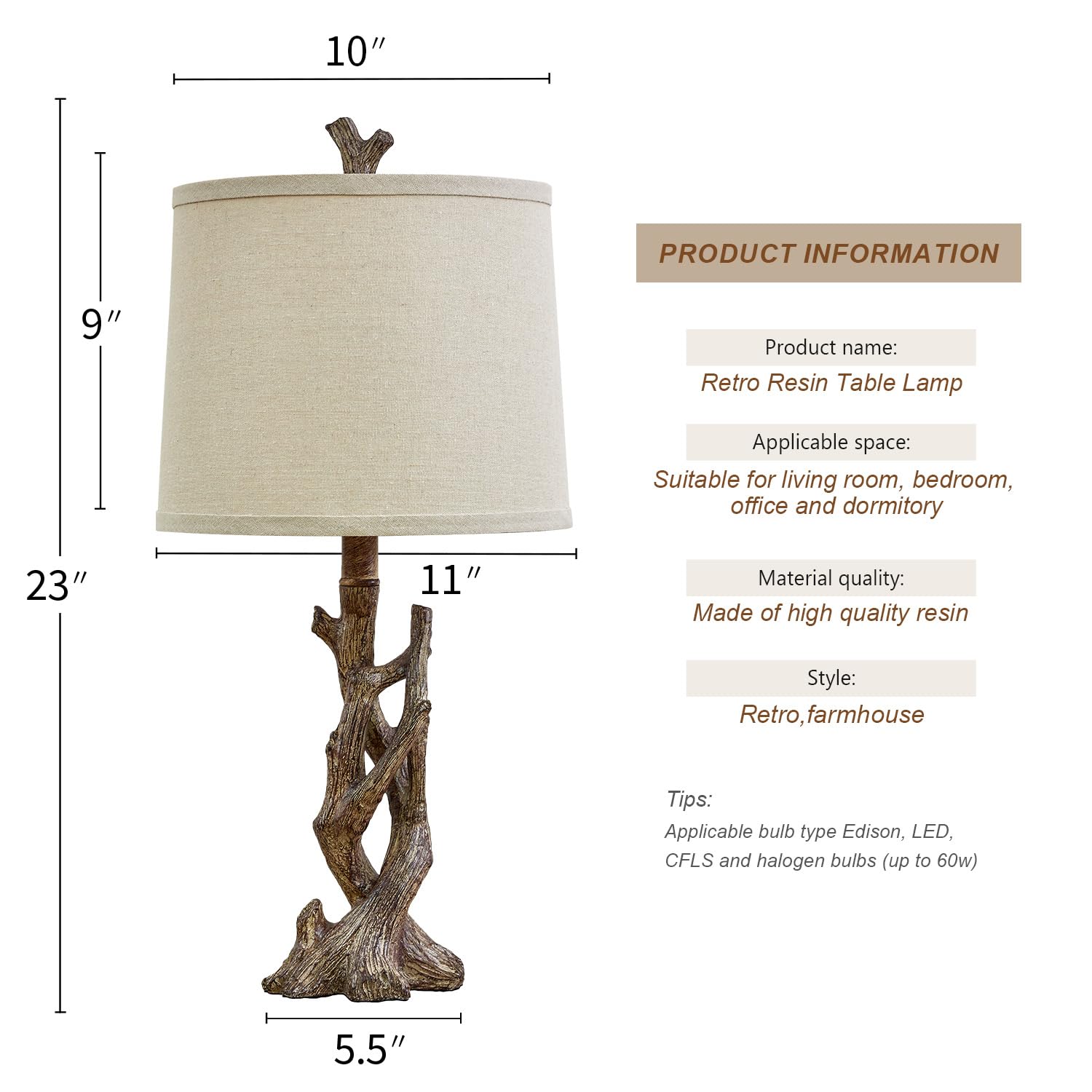 OYEARS 23" Rustic Farmhouse Table Lamp Country Cottage Lamps for Nightstand Tree Trunk Wood Grain Lamp for Bedroom Living Room with Oatmeal Fabric Round Shade Resin Bedside Lamp