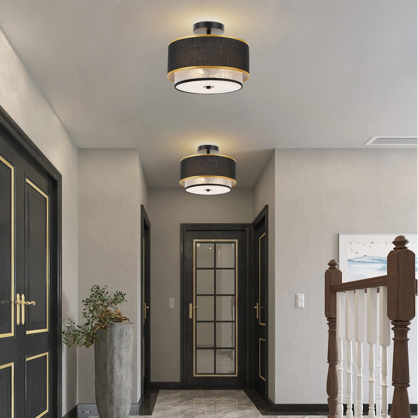 Modern Semi Flush Mount Ceiling Light - Easric Light Fixtures Ceiling Mount Hallway Light Fixtures Ceiling with Black 2-Layer Fabric Shade Drum Ceiling Lights for Bedroom,Dining Room,Kitchen,Foyer