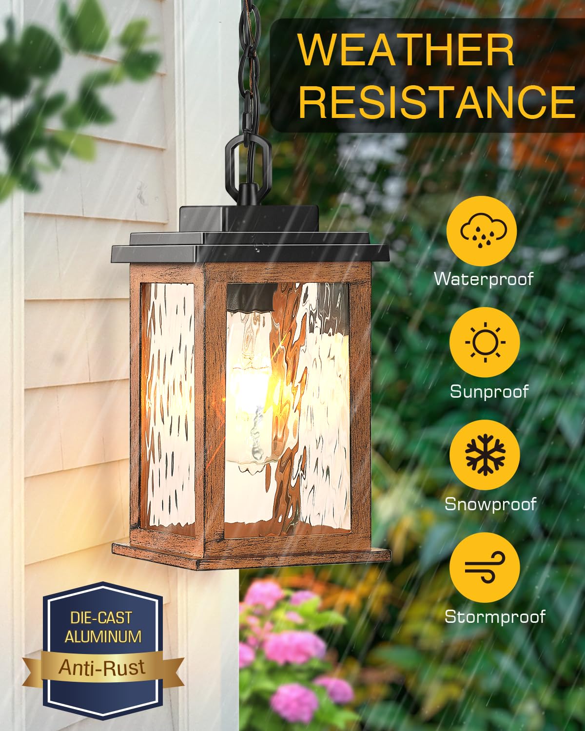 Outdoor Pendant Light Fixture, Farmhouse Exterior Hanging Lights with Adjustable Chain, Anti-Rust Aluminum Frame with Tempered Water Glass, Hanging Lantern for Front Door Ceiling Entry Porch