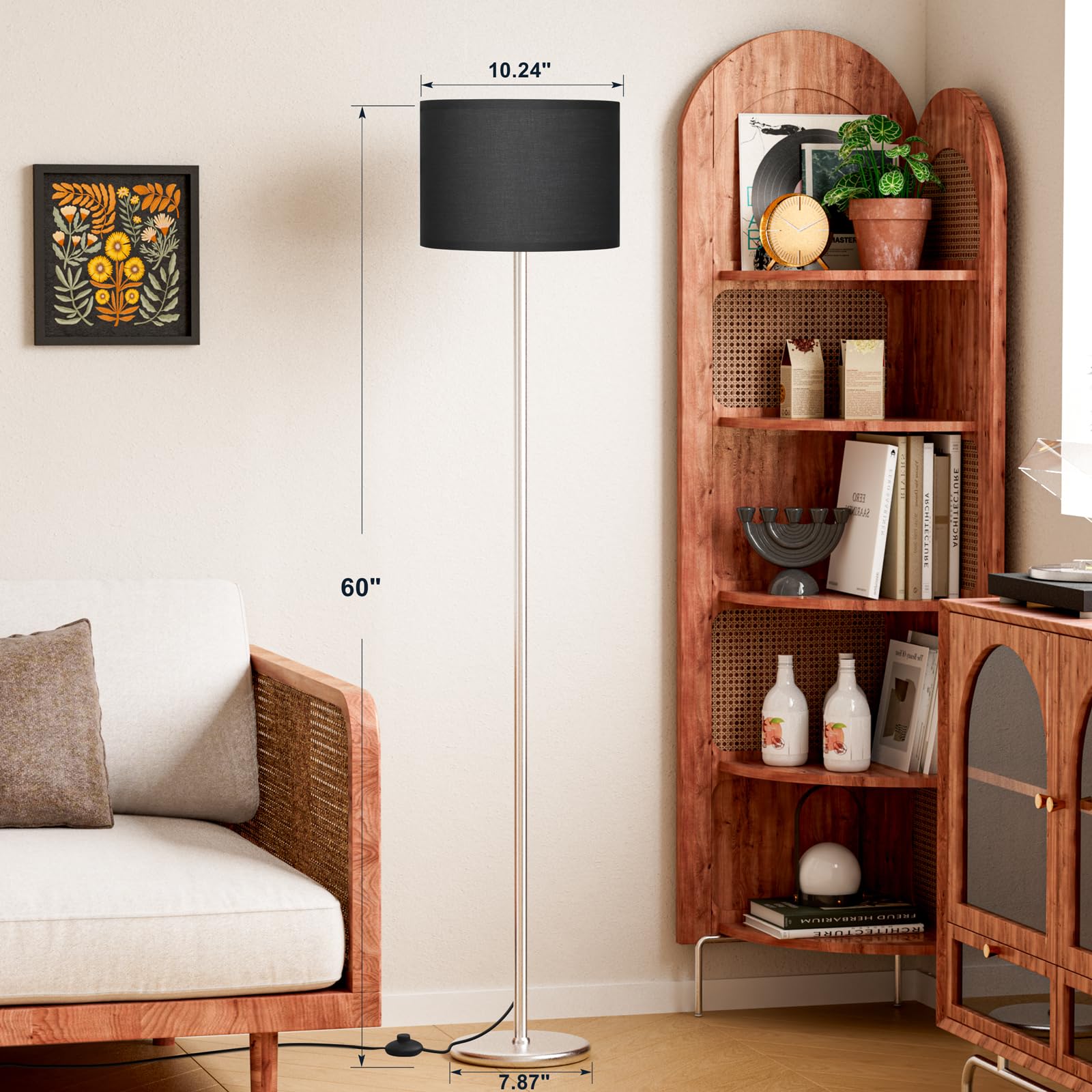 Modern Floor Lamp Simple Design with White Shade, Foot Pedal Switch, 60" Small Tall Lamps for Living Room Bedroom Office Dining Room Kitchen, Black Pole Lamp(Without Bulb)