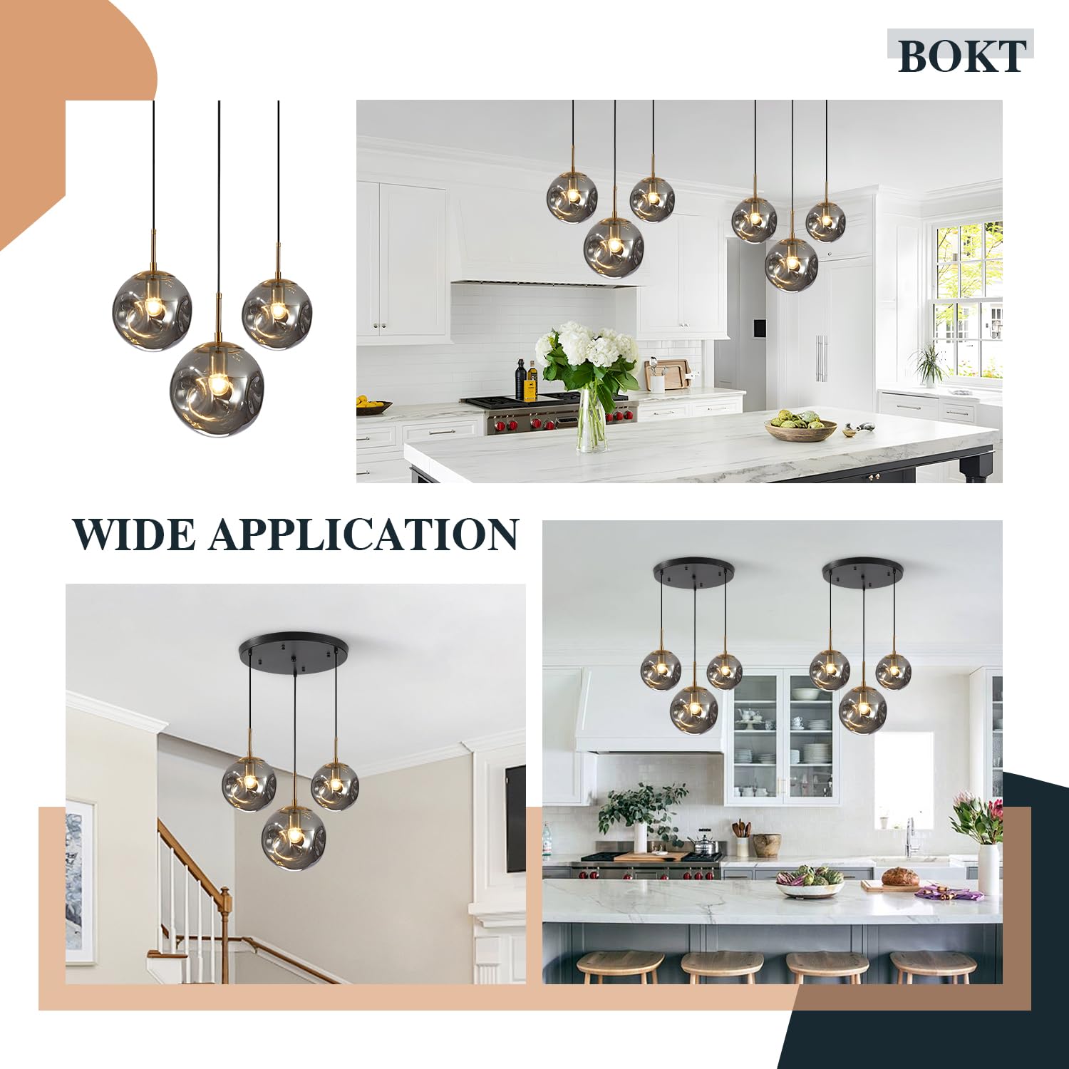 BOKT Modern Gold Kitchen Island Pendant Light Mid Century 3-Lights Globe Pendant Light Fixture Cluster Multi Light Pendant Lighting Bedside Glass Ball Pendant Lamp