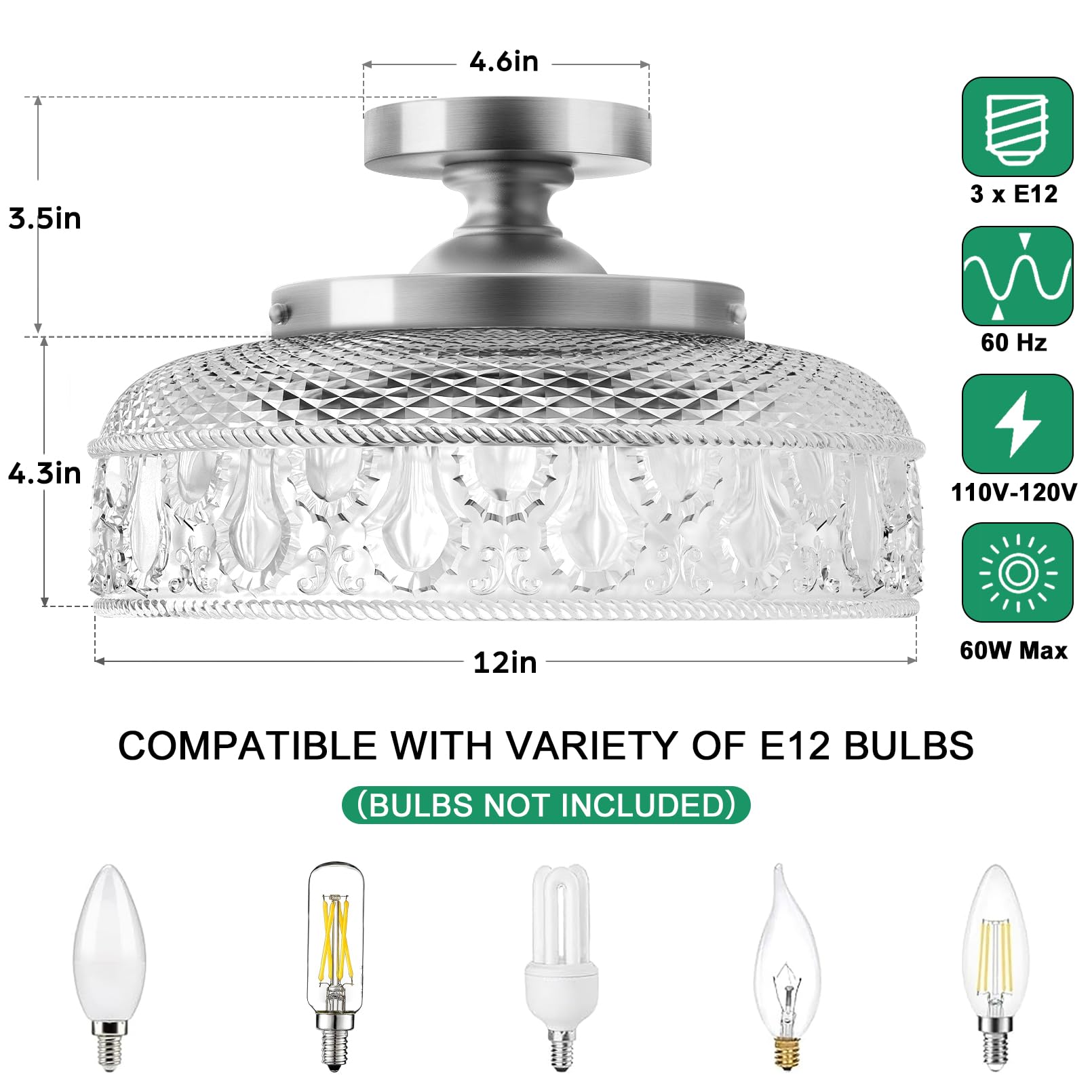 Semi Flush Mount Ceiling Light, Upgraded Larger Golden Hallway Light Fixture, 3-Bulb Globe Glass Close to Ceiling Light,Indoor Hanging Light for Bedroom Kitchen Porch Hallway,Bulbs Not Included