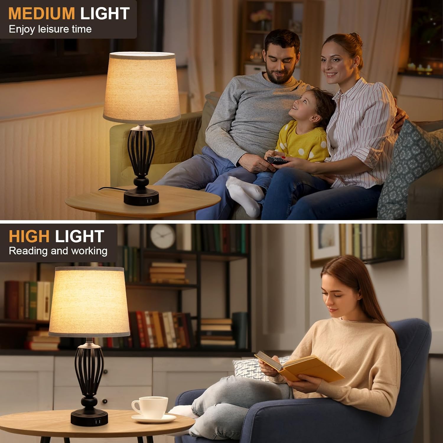 USB Bedside Lamp, 3-Way Dimmable Touch Table Lamp with Dual USB Charging Ports Industrial Table Lamp Black Metal Base Farmhouse Reading Lamp for Bedroom, Living Room, Office or Study LED Bulb Included