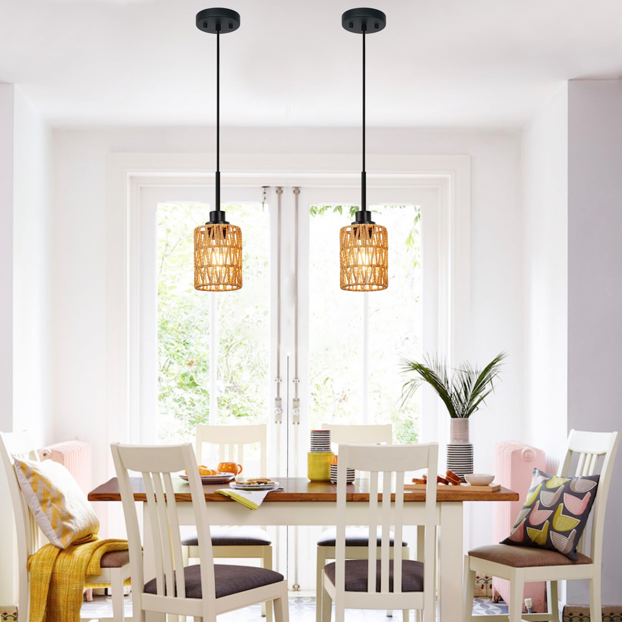 2 Pack Rattan Hanging Light Fixture Boho Pendant Light Black Adjustable Dining Table Light Fixture with Rattan Lamp Shade, Set of Two Mini Pendant Lighting for Kitchen Island Hallway Stair