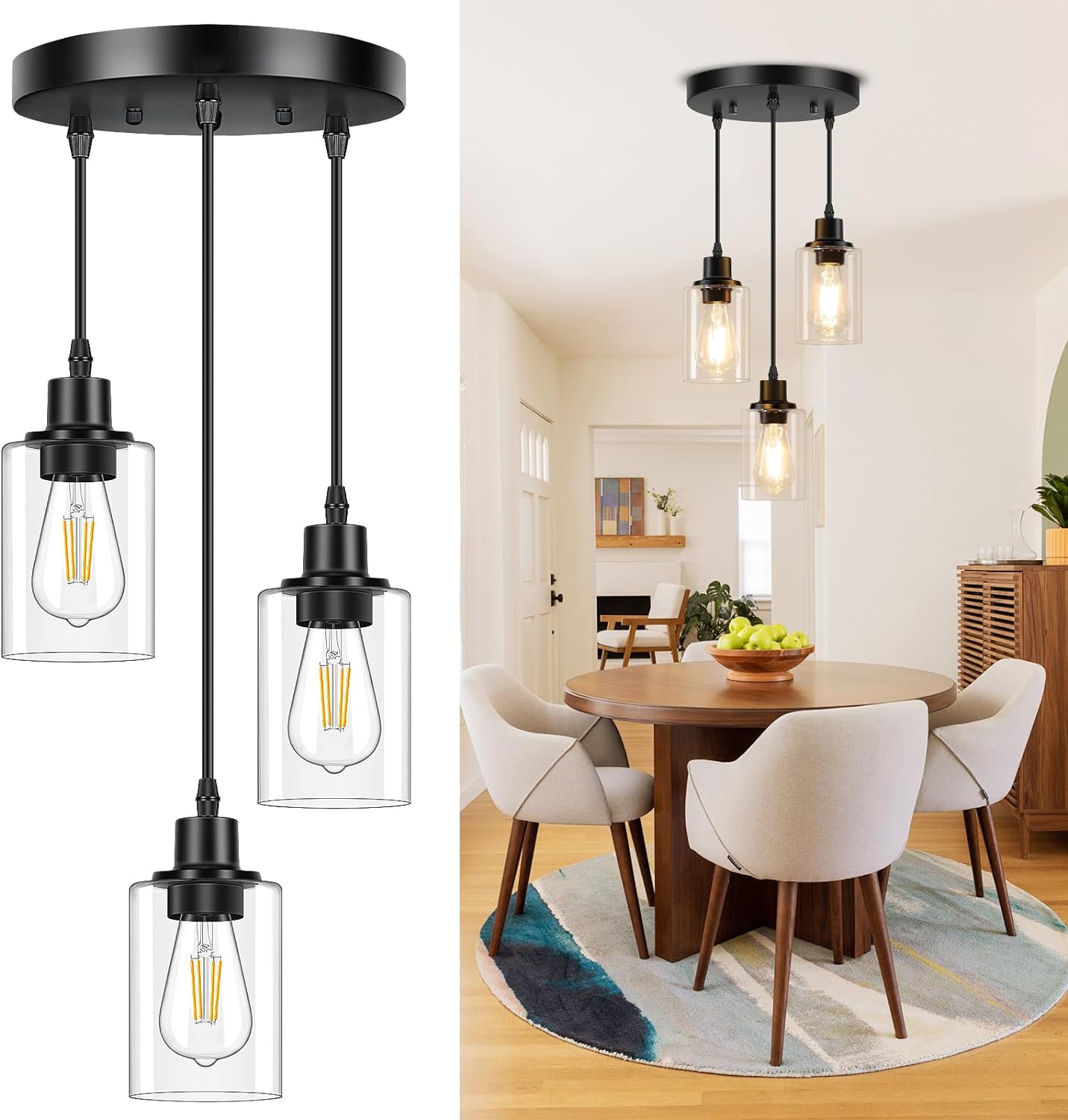 3-Light Pendant Light Fixtures, Black Pendant Lights Kitchen Island, Adjustable Pendant Lighting with Clear Glass Shade, Modern Hanging Light Fixtures for Dining Room, Hallway, Living Room