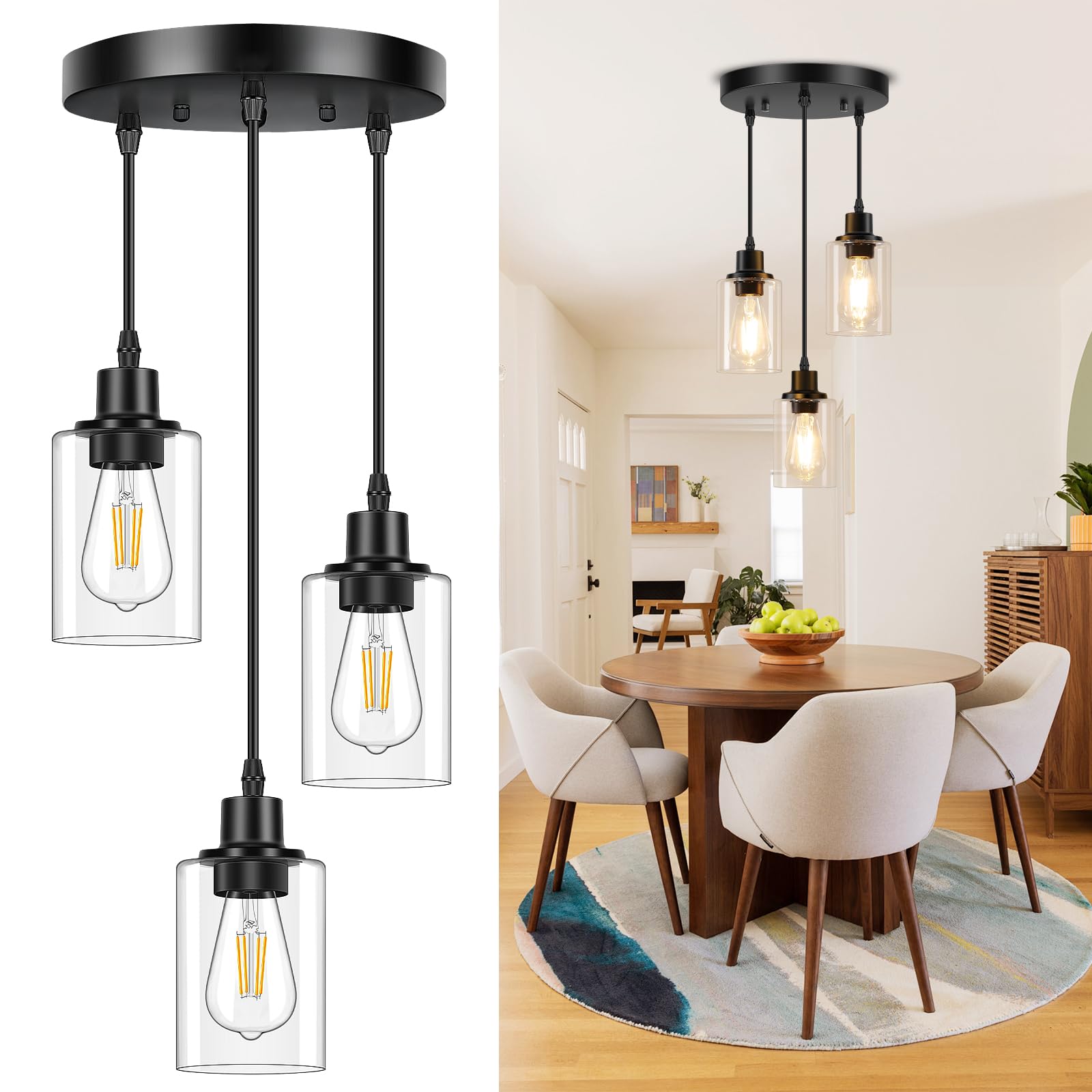 Licperron 3-Light Pendant Light Fixtures, Black Pendant Lights Kitchen Island, Adjustable Pendant Lighting with Clear Glass Shade, Modern Hanging Light Fixtures for Dining Room, Hallway, Living Room