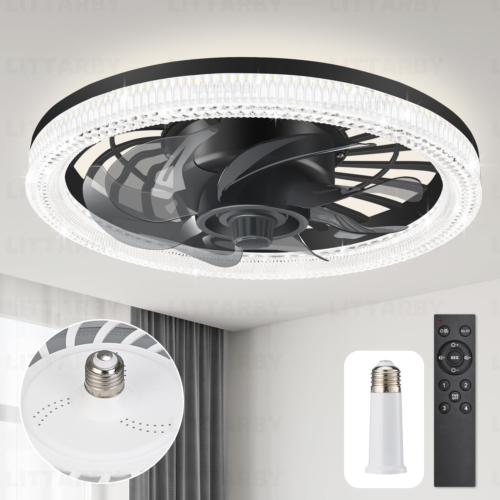 Ceiling Fans with Lights, Socket Fan Light with Remote Control, Dimmable Brightness 3000K-6500K Memory, Socket Modern Flush Mount Low Profile Ceiling Fan for Bedroom, Small Living Room, Kitchen Black