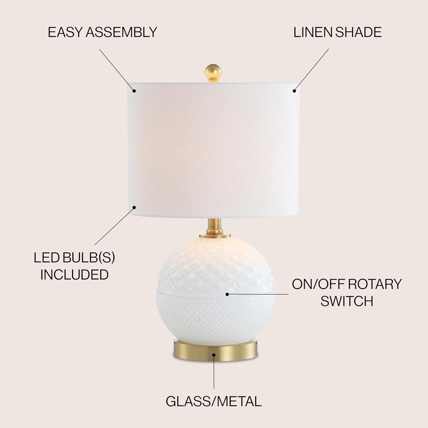 Julienne 20.5" Glass/Metal LED Table Lamp Contemporary Bedside Desk Nightstand Lamp for Bedroom Living Room Office College Bookcase LED Bulb Included, White/Brass Gold