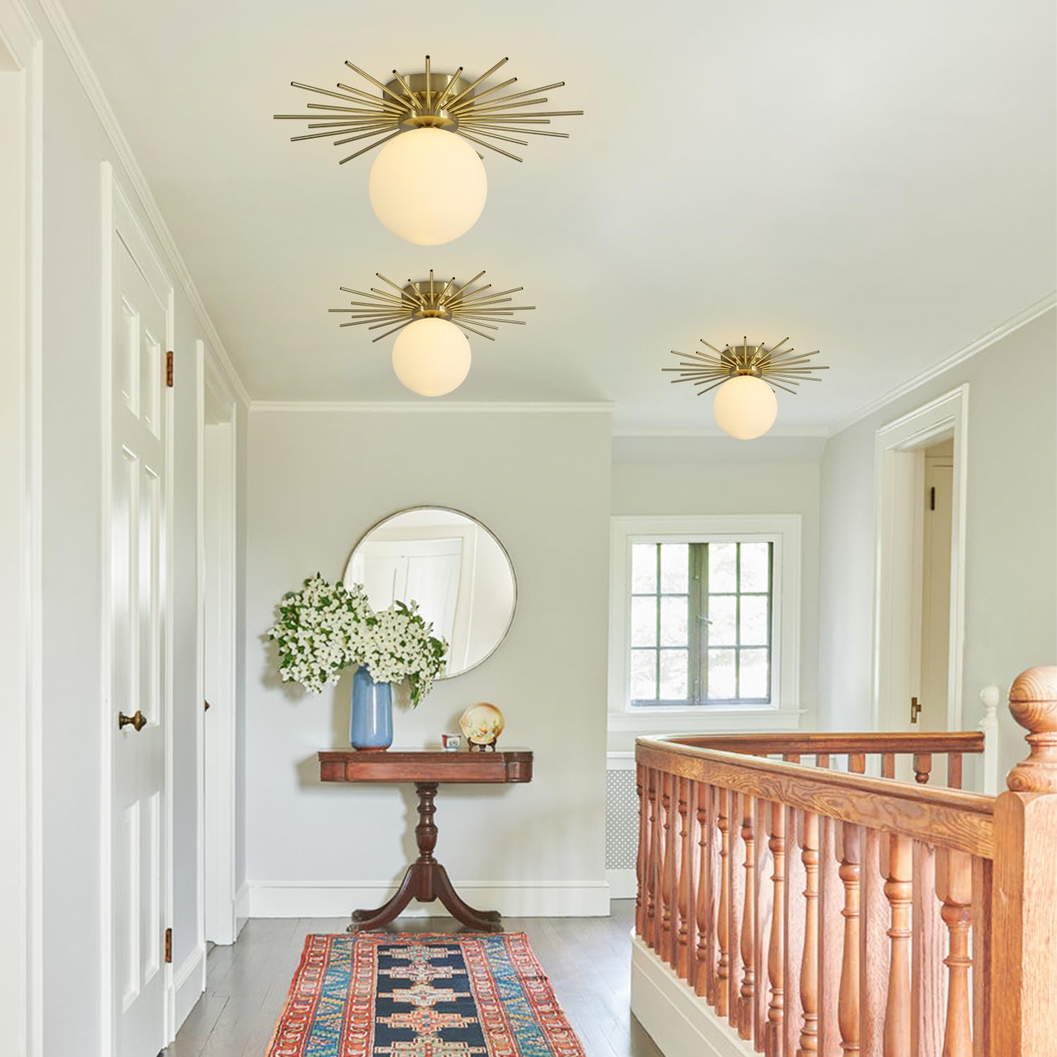 Modern Gold Semi Flush Mount Ceiling Light Mid Century White Glass Globe Ceiling Light Industrial Close to Ceiling Light Vintage Golden Ceiling Lamps Brushed Brass Hallway Light Fixtures