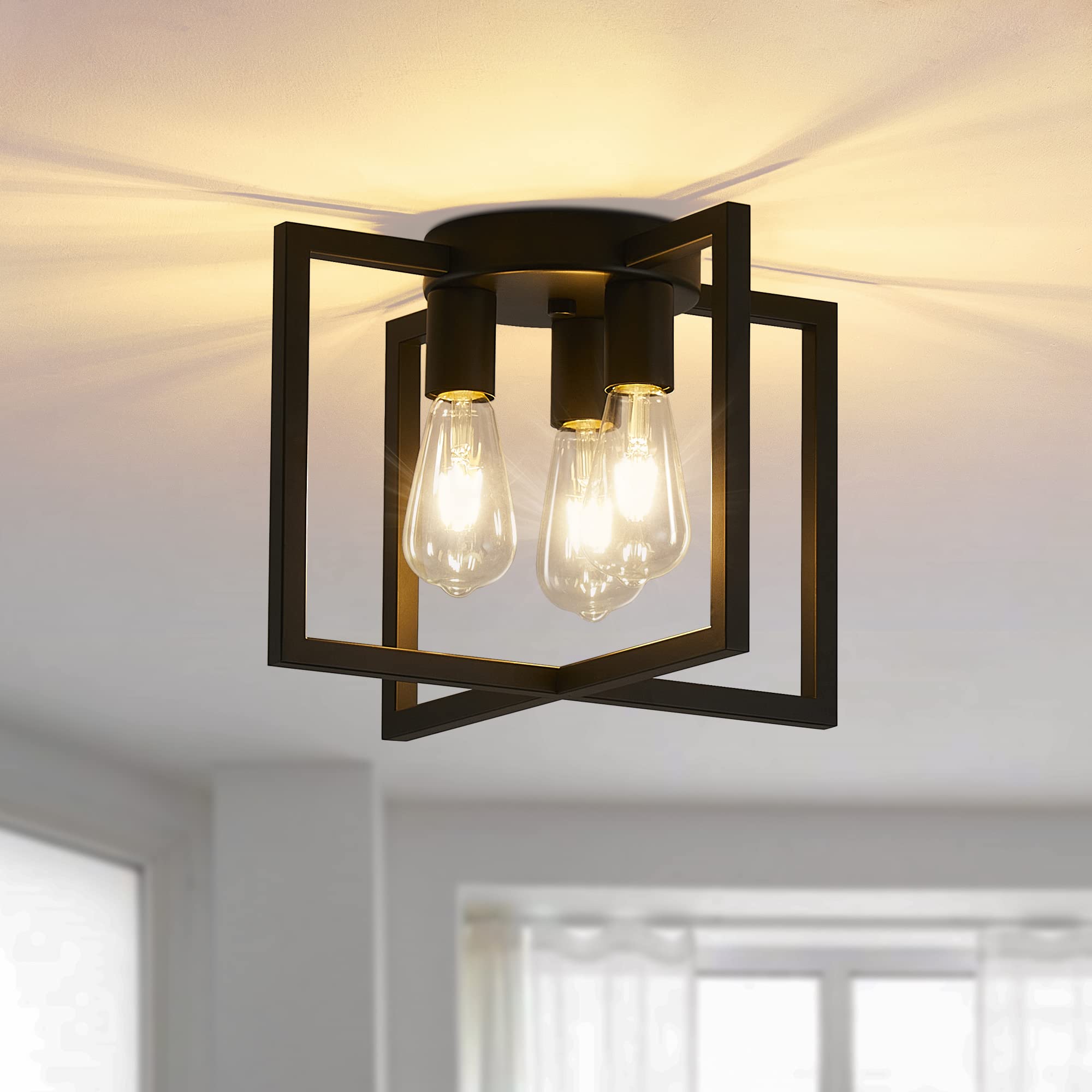 3-Light Ceiling Light Fixture, Black Semi-Flush Mount Chandelier with Geometric Metal Shade, Farmhouse Industrial Lighting for Kitchen Living Room Bedroom Hallway Foyer, E26 Base