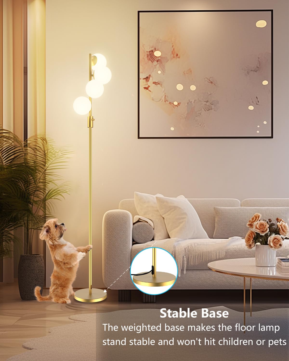 Dimmable Globe Floor Lamp, Gold Standing Lamps with 4PCS 3000K G9 Bulbs Soft Warm White Eye Care, Mid Century Modern Floor Lamp for Living Room