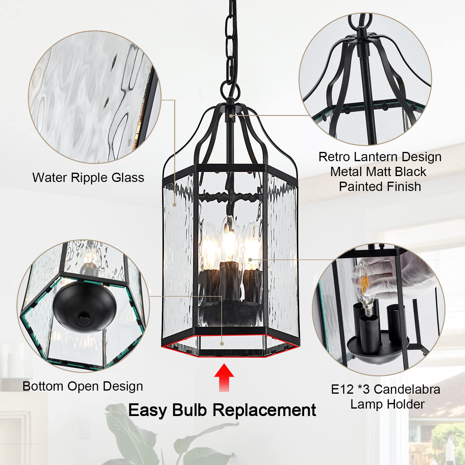 8" Modern 3-Light Exterior Black Lantern Pendant Light Fixture with Clear Rippled Glass Mini Industrial Hanging Cage Chandelier for Outdoor Kitchen Dining Room Hallway Entryway Foyer Porch