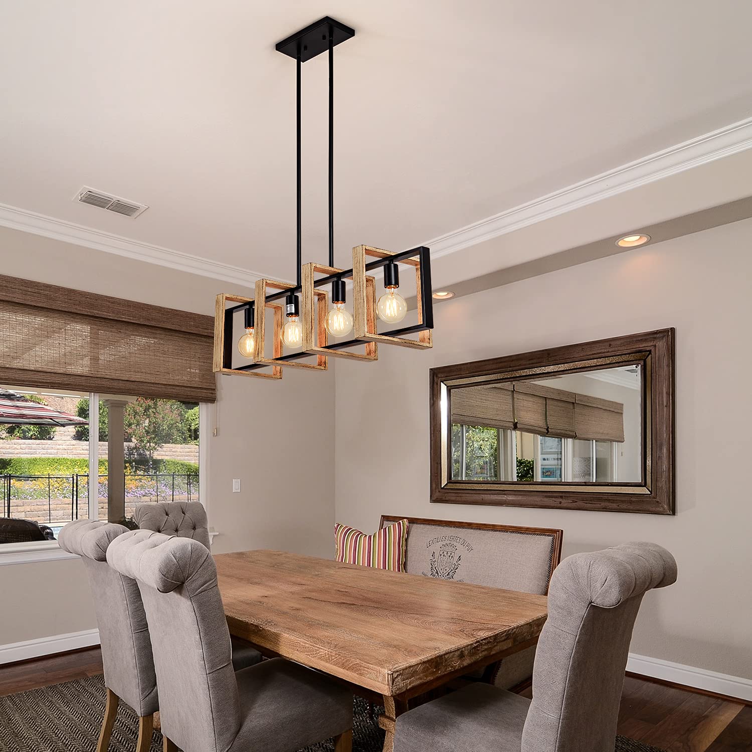 Farmhouse Kitchen Island Lighting Black Chandeliers for Dining Room Wooden Island Lights,Industrial Rectangle Light Fixtures Ceiling Hanging (4 Lights)