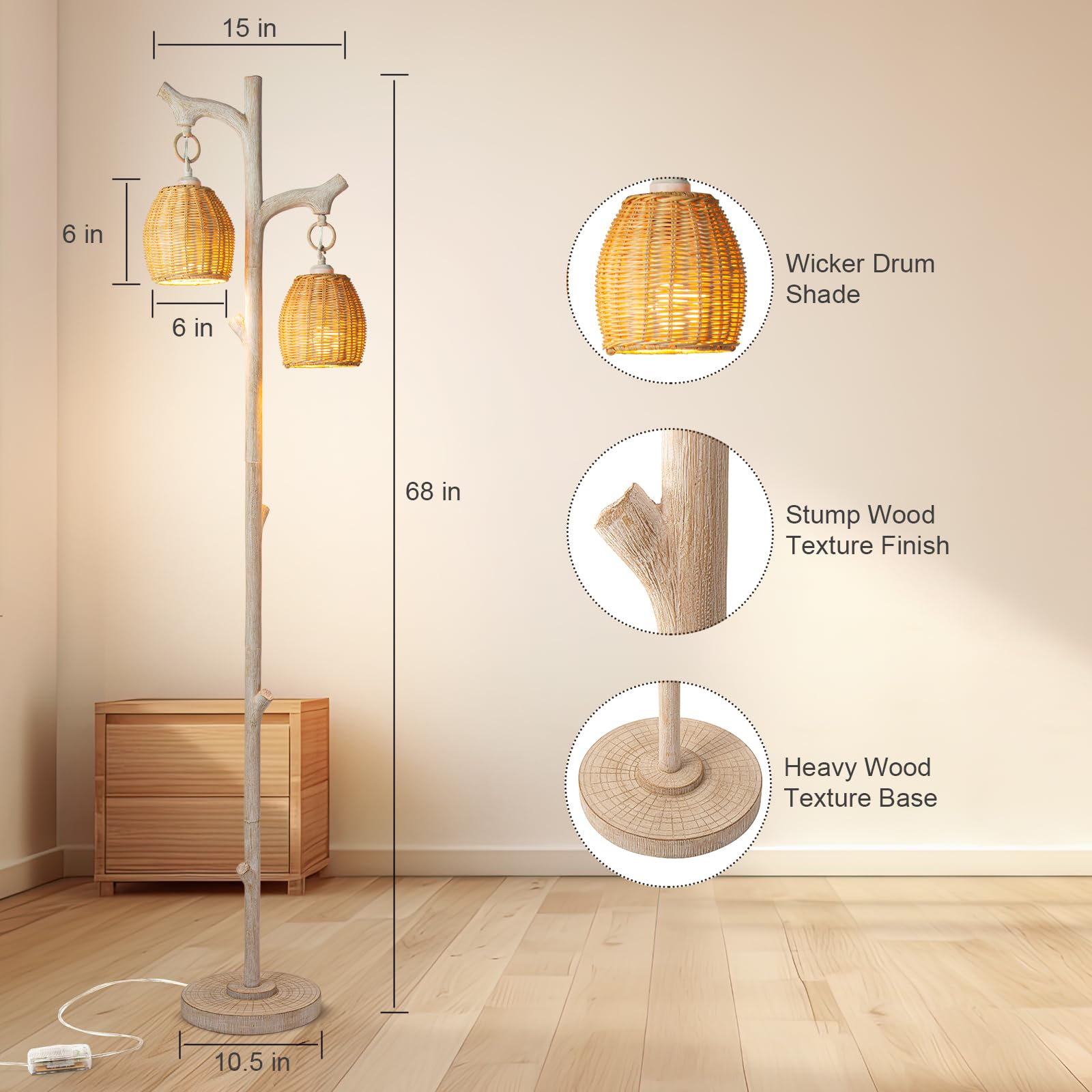 68.5" Rustic Farmhouse Remote Control Switch Birch Tree Floor lamp with Bird Nest Lantern Shade Vintage Standing Lamp for Living Room Bedroom Hotel Bar Office Wood House(LED Bulb Included)