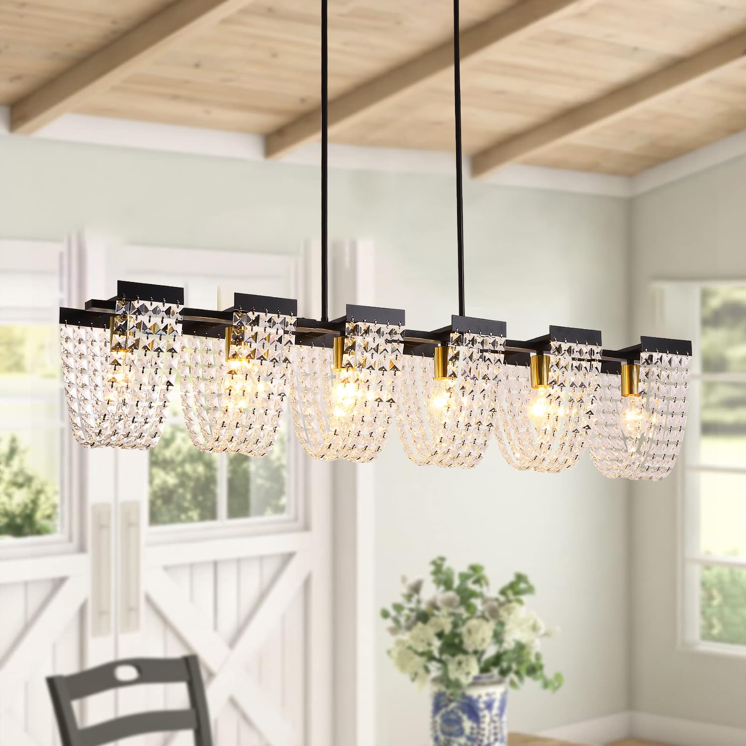 Island Light for Kitchen,6 Lights Dining Room Light Fixture,Brass Adjustable Modern Chandelier Linear Ceiling Pendant Lights Over Table with Crystal Shade(48" Length)