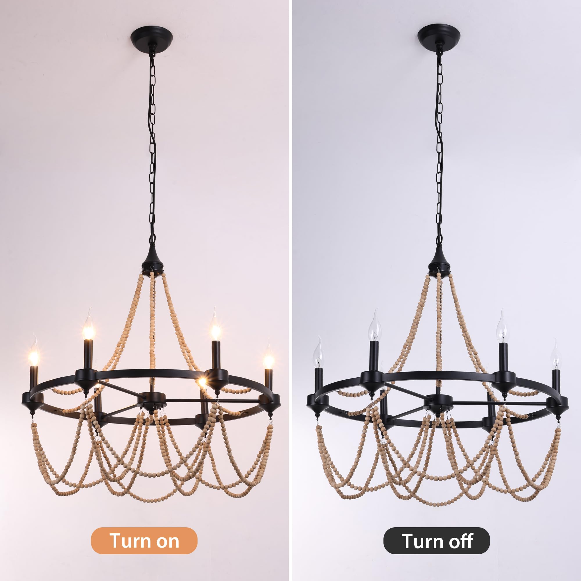 28" Natural Wooden Bead Tassel Rust Iron Black Wagon Wheel Farmhouse Chandelier, 6-Light Retro French Country Candle Chandeliers for Living Room, Coastal Boho Hanging