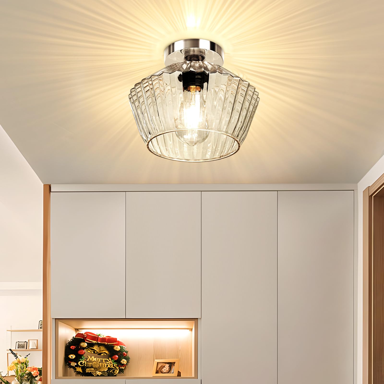 Semi Flush Mount Ceiling Light - Glass Ceiling Light Fixture Black Hallway Light Fixtures Modern Light Fixtures Ceiling for Bedroom Bathroom Entryway Kitchen Porch