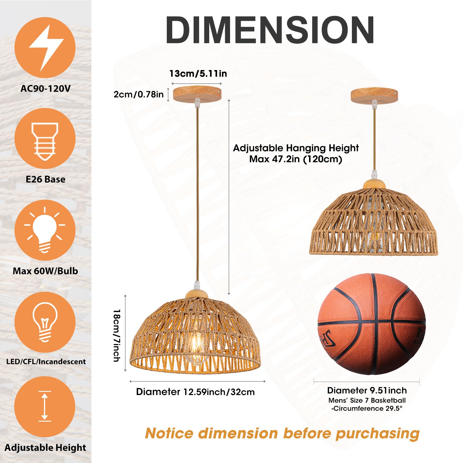 Rattan Pendant Light Fixture Basket Hanging Drum Chandelier Basket Light White Boho Ceiling Light Flush Mount Ceiling Light Woven Kitchen Chandelier for Dinning Room Hallway Bedroom Chandelier