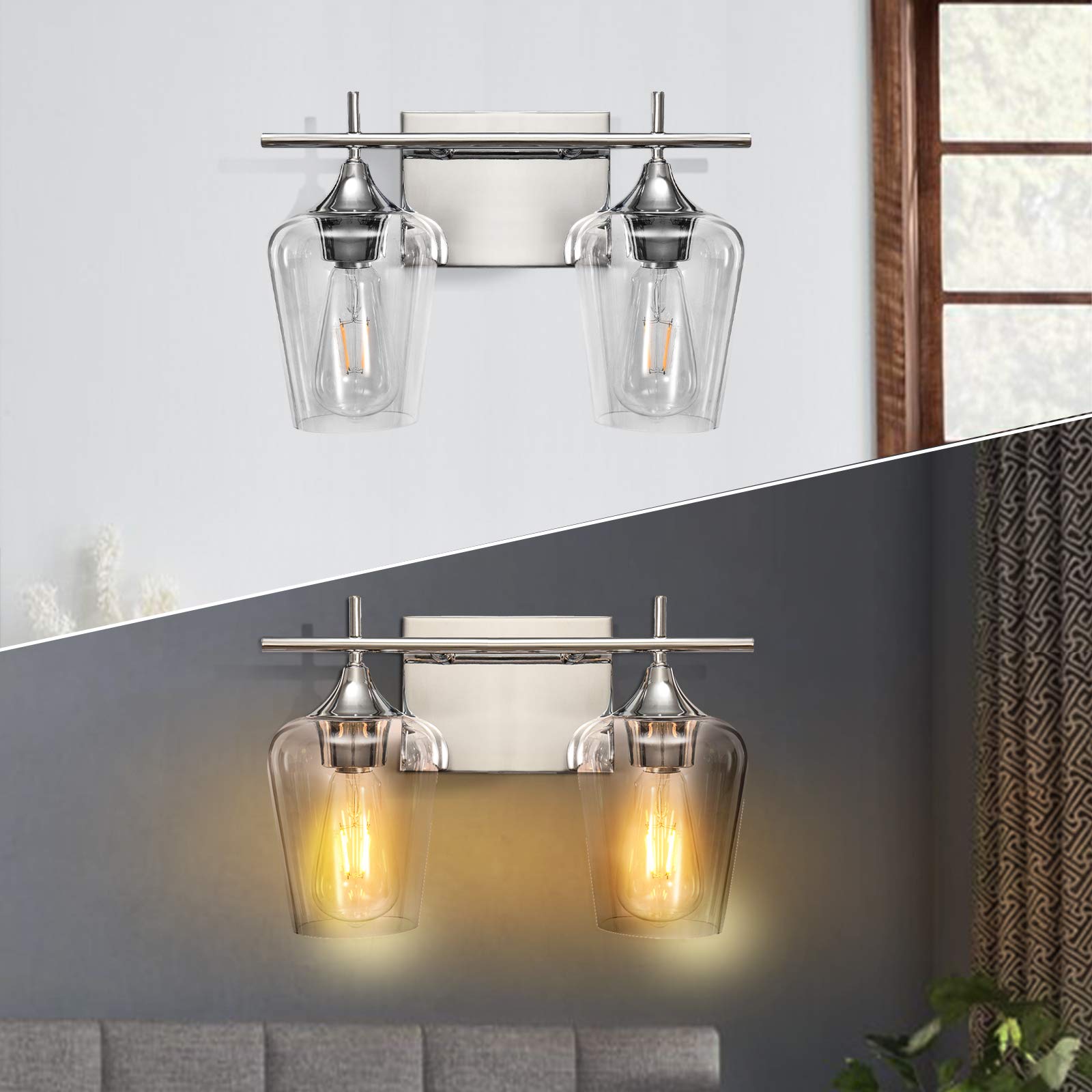 Vanity Lights Fixtures, 2 Light Bathroom Light, Black Bathroom Lighting Fixtures Over Mirror with Clear Glass Shade, Modern Vanity Lighting for Bath, Living Room, Bedroom