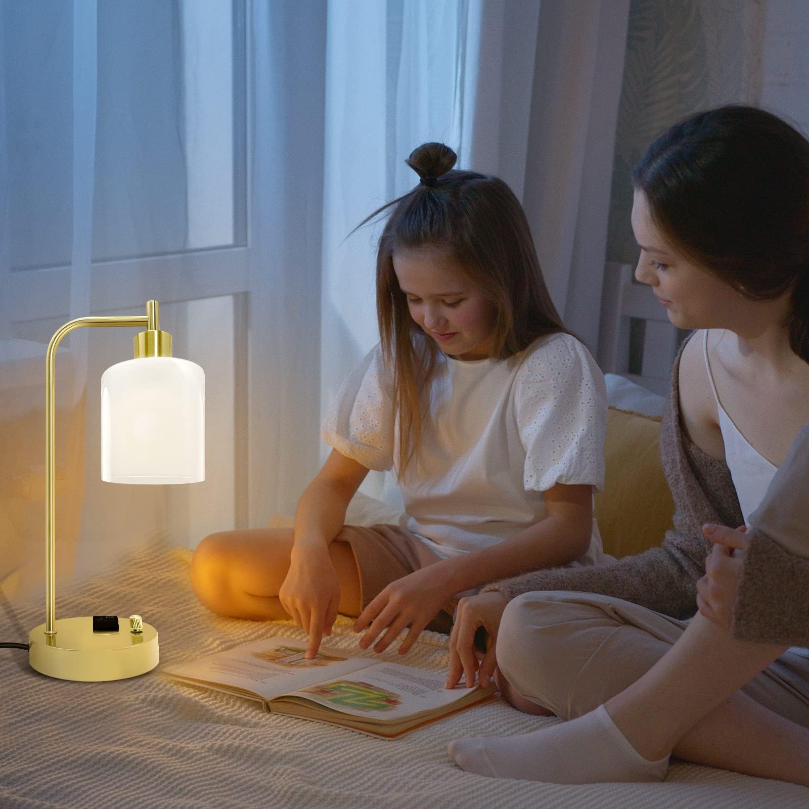 Industrial Table Lamp, Stepless Dimmable Gold Desk Lamp with 2 USB Ports and AC Power Outlet, Frosted GlassShade, Eye-Caring Bedside Nightstand Lamps(Some of The knobs are defective)