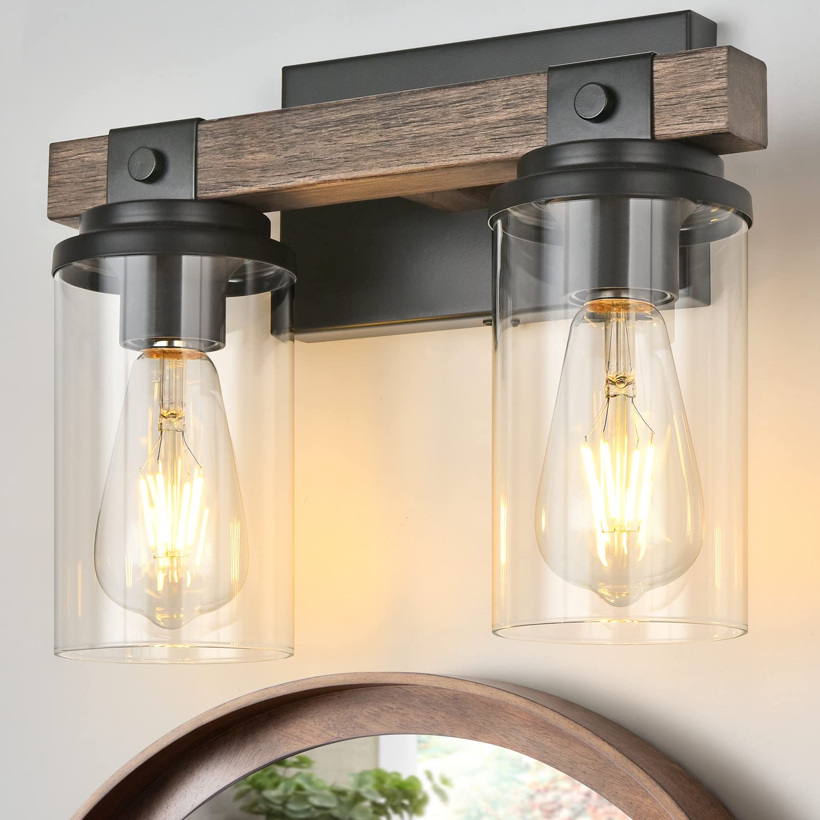 Farmhouse Bathroom Light Fixture Wood Black Vanity Lighting 2-Light Wooden Wall Sconce Industrial Rustic Wall Light Fixtures Over Mirror with Clear Glass Shade for Bathroom Hallway Kitchen Bedroom