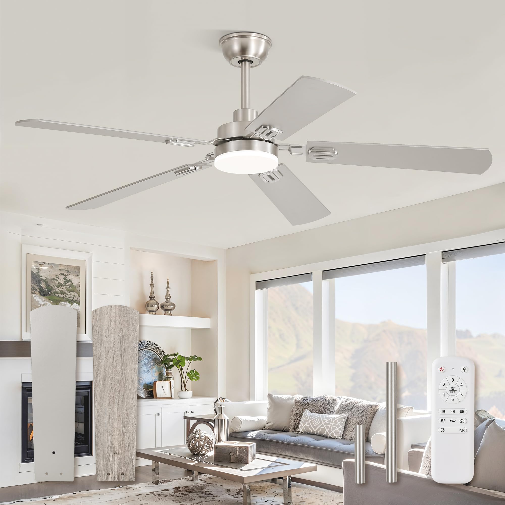 52" Ceiling Fans with Lights, Black Modern Ceiling Fan with Remote, Farmhouse Indoor Ceiling Fan with Dual Finish Blades, Quiet & Strong Motor, Bright LED Light.