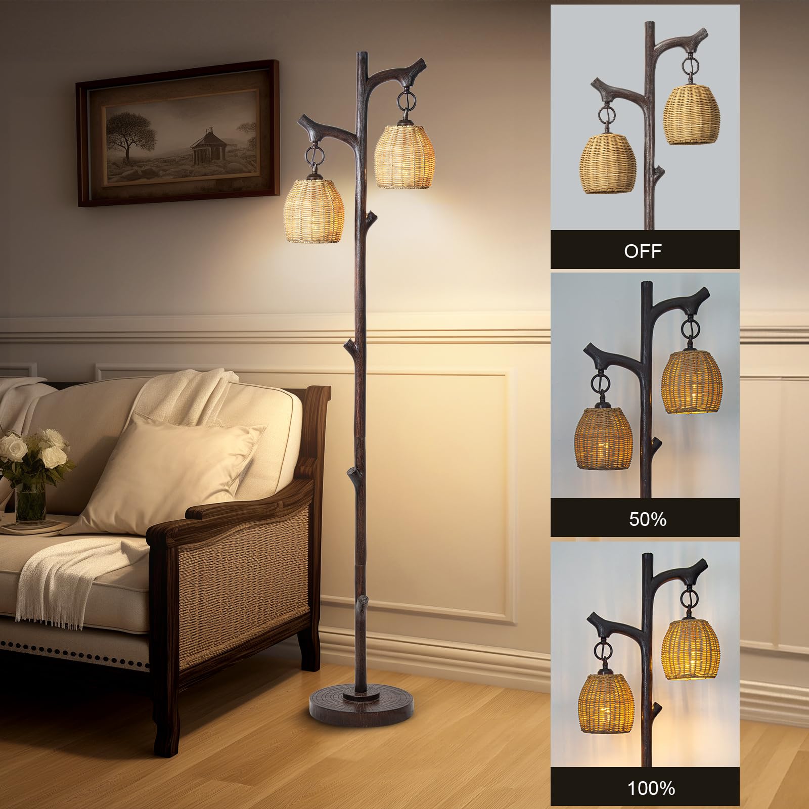 68.5" Rustic Farmhouse Remote Control Switch Birch Tree Floor lamp with Bird Nest Lantern Shade Vintage Standing Lamp for Living Room Bedroom Hotel Bar Office Wood House(LED Bulb Included)