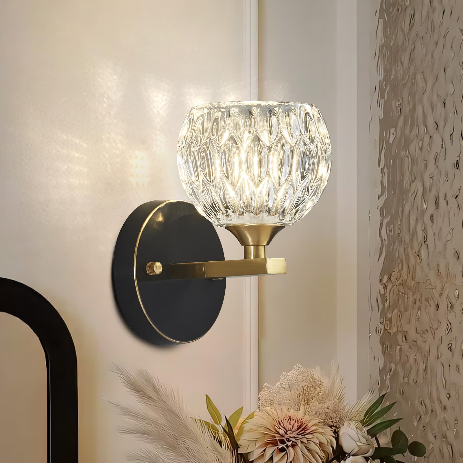 Vintage Wall Sconce Black Modern Wall Lighting Fixture with Water Textured Glass Lampshade Antique Brass Wall Sconces Bulb Includ for Bedside Bedroom Doorway G9*1