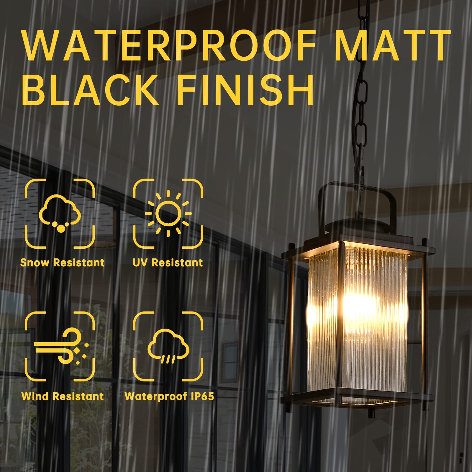 Outdoor Hanging Porch Light Waterproof Black and Gold Outdoor Pendant Lights Outdoor Chandelier with Striped Glass for Porch Entryway and Front Door.