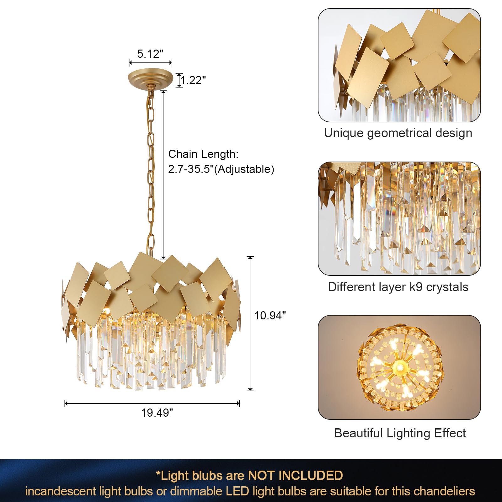 Gold Crystal Chandelier for Dining Room Modern 20" Drum Chandeliers K9 Round Ceiling Pendant Light Fixtures Luxury Semi Flush Mount Chandelier for Entry Living Room Bedroom