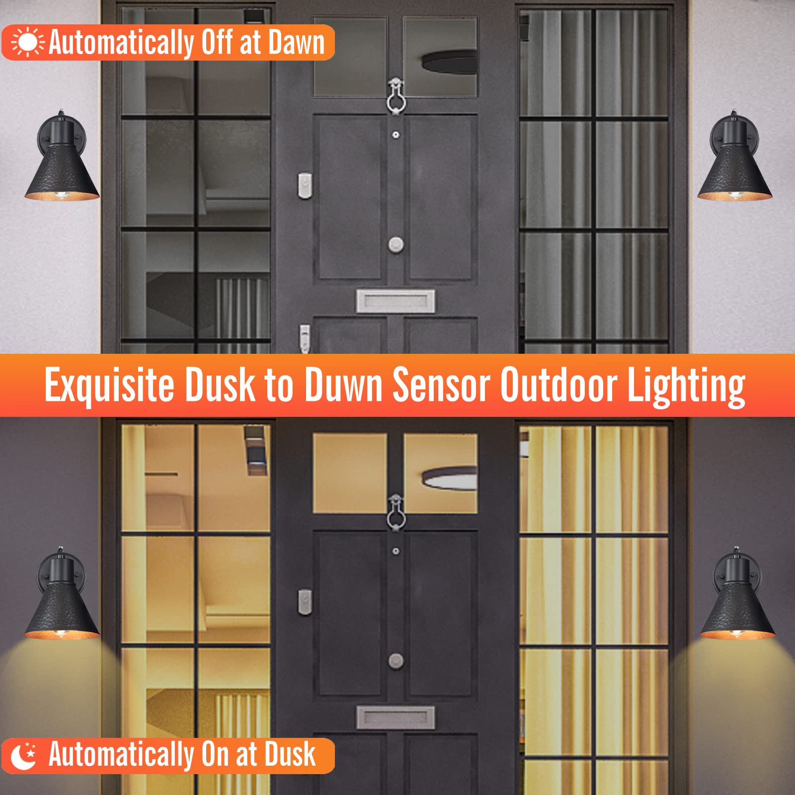 Outdoor Wall Sconces, 2-Pack Wall Lights Fixture, Exterior Farmhouse Porch Light with Hammered Metal Shade, Anti-Rust Waterproof Black Outside Barn Light for Front Porch Patio Garage Gazebo House