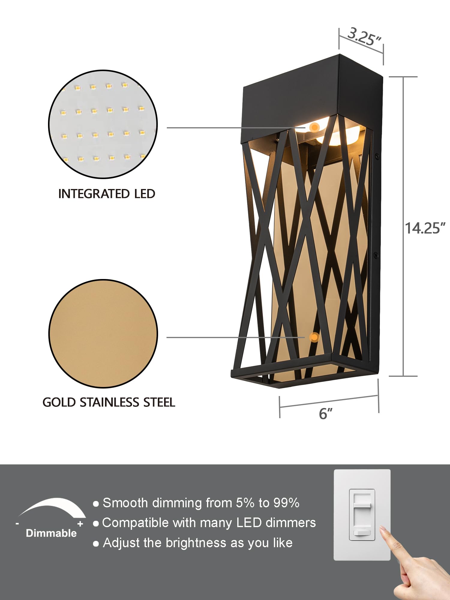 Outdoor Wall Lights LED, Black Modern Porch Light Fixture Wall Mount, Exterior LED Wall Sconce with Gold Stainless Steel Interior, Waterproof 10w Outside Wall Lighting for House, Porch, Patio